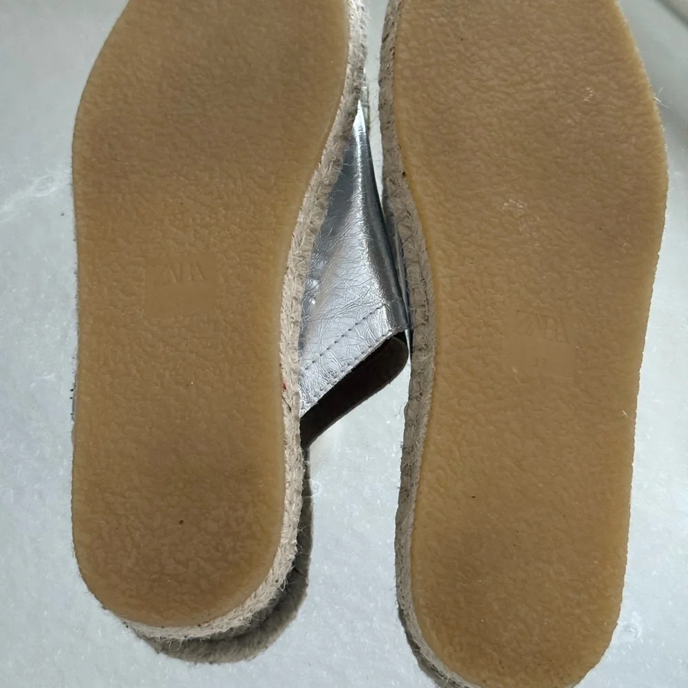Zara crinkly leather silver metallic espadrille mules